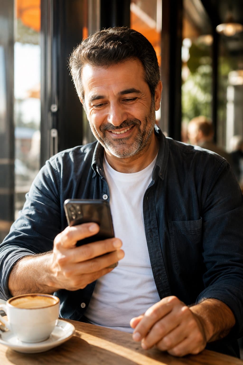 Müşteri kafede otururken telefonuna gelen “aracınız hazır” mesajını gülümseyerek okuyor