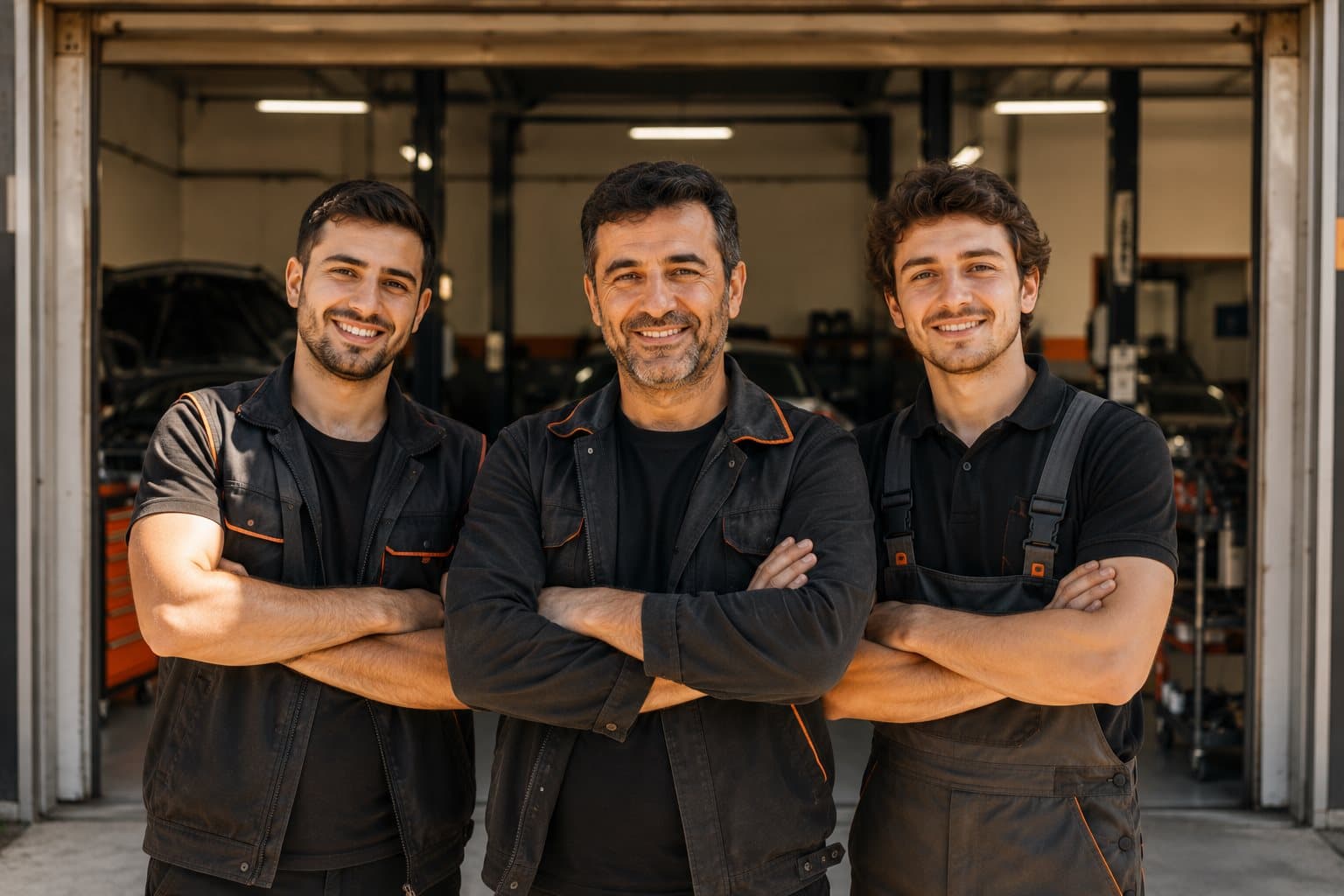 Üç kişilik servis ekibi, dükkanlarının açık kapısı önünde gülümseyerek duruyor